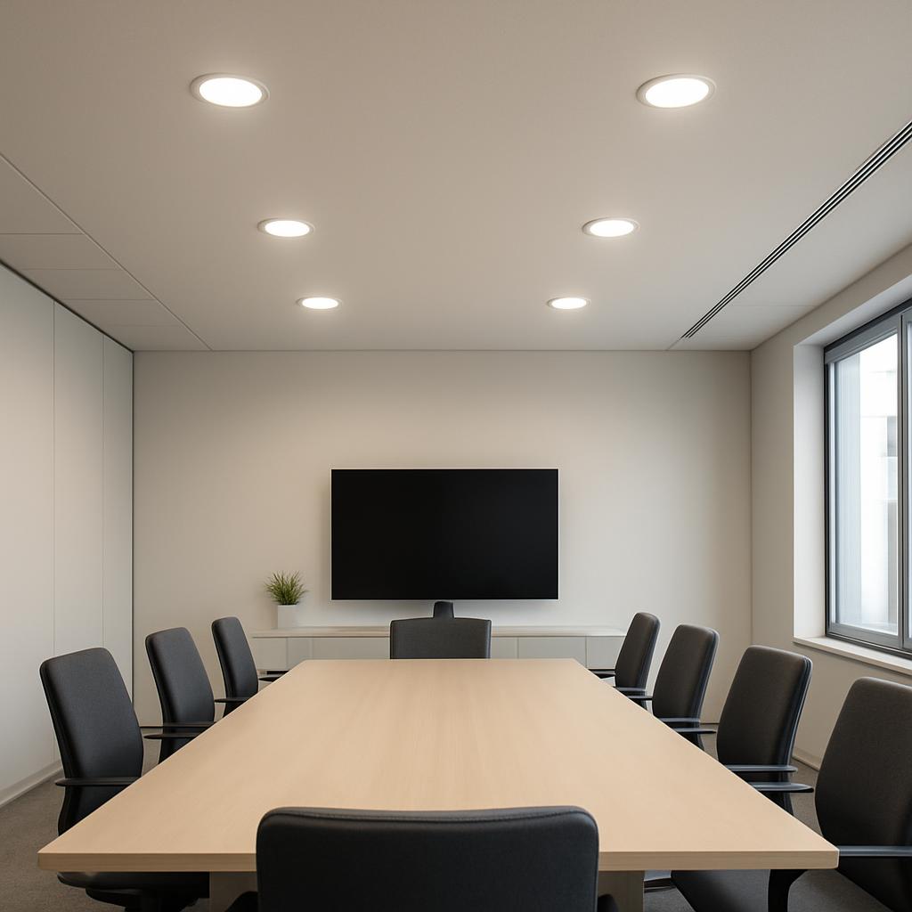 Conference room with conference table, chairs, TV and green plant. Image depicts white-walled and ceiling with a single wi...