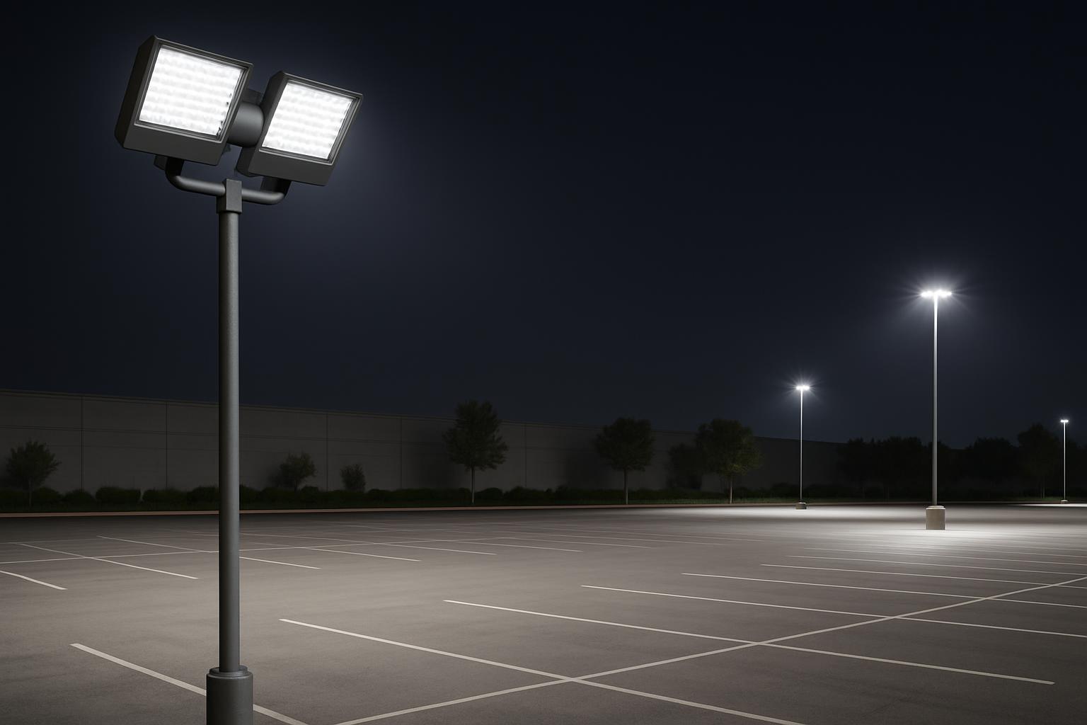 A parking lot at night featuring several streetlights.