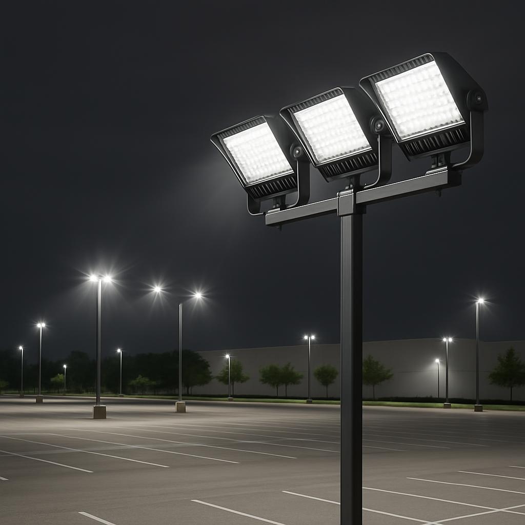 A parking lot at night with tall lights and white lines on grey concrete. Some trees, a perimeter wall with bushes, and a ...