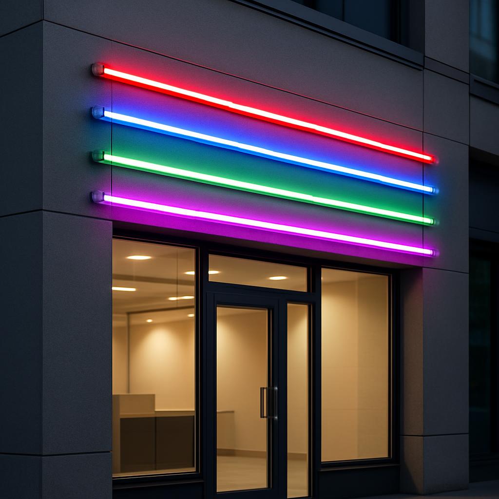 A commercial building or office at nighttime, featuring three long, horizontal neon lights in red, blue, and green. The li...